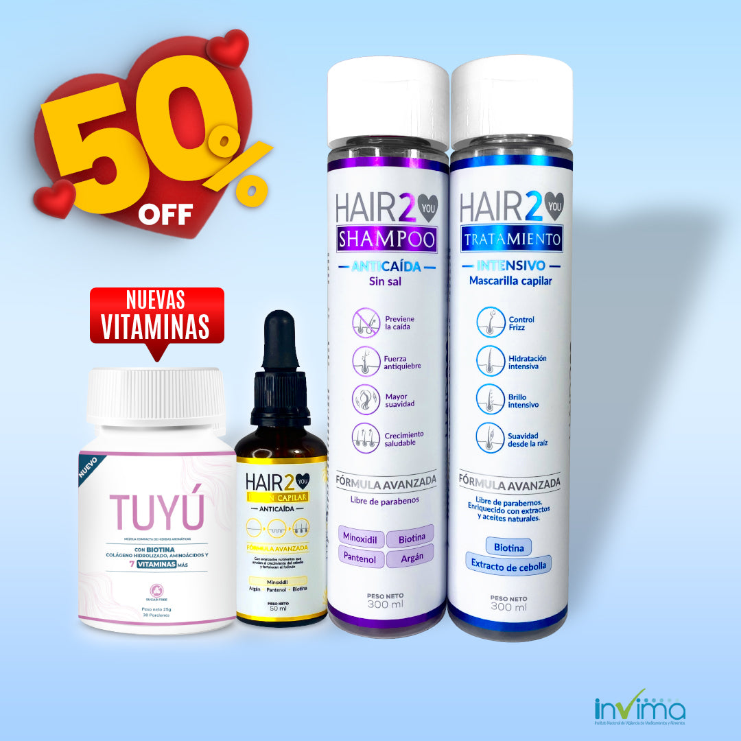Vitaminas Tuyú+Shampoo Anti-Caida+Loción capilar con minoxidil+Tratamiento nutritivo