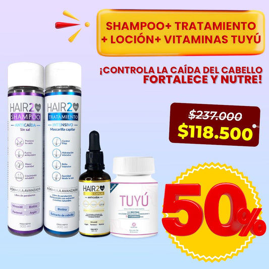 Vitaminas Tuyú+Shampoo Anti-Caida+Loción capilar con minoxidil+Tratamiento nutritivo